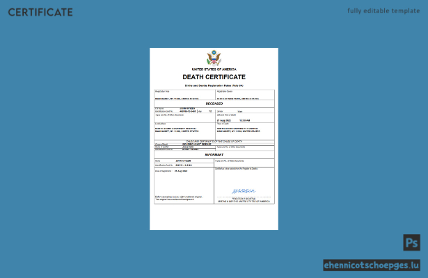 US-amerikanische Sterbeurkunde (Word- und PDF-Beispiel)